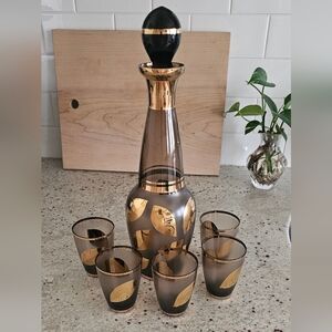 Mint MCM Liquor Decanter &  5 Glasses With Gold Leaf